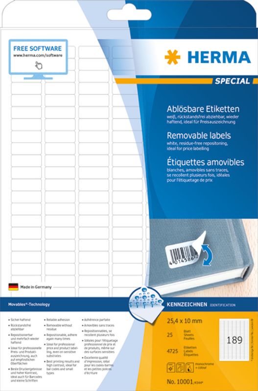 MOVABLES avtagbare etiketter, 25 ark, 25.4x10.0 (4725 stk)