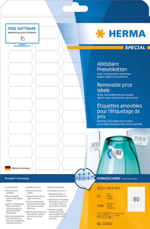 MOVABLES avtagbare prisetiketter, 25 ark, 35,6x16,9 (2000 stk)