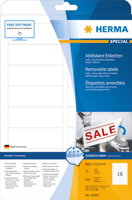 MOVABLES avtagbare etiketter, 25 ark, 88.9x33.8 (400 stk)