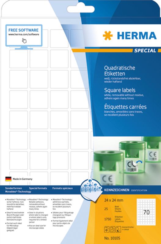 MOVABLES avtagbare etiketter, 25 ark, kvadratisk 24x24 (1750)