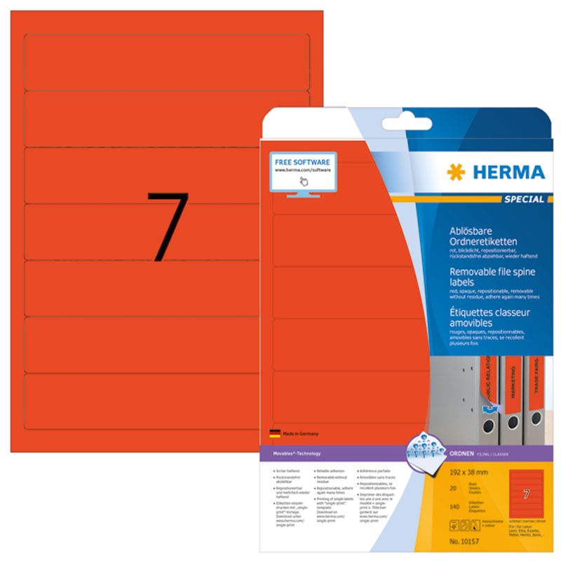 MOVABLES avtagbare ryggetiketter, rød 20 ark 192x38 (140 stk)
