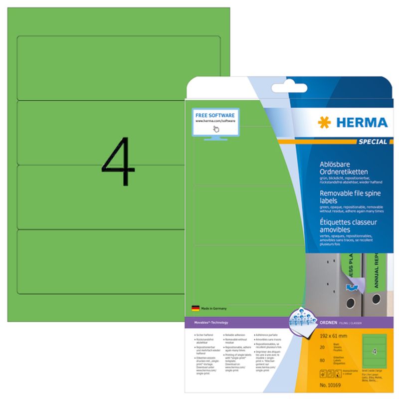 MOVABLES avtagbare ryggetiket., grønn 20ark 192x61 (140 stk)
