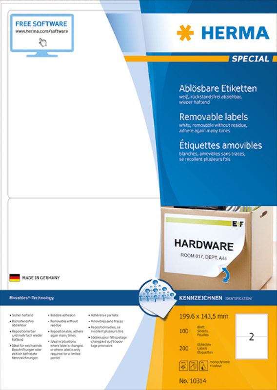 MOVABLES avtagbare etiketter, 100 ark 199.6x143.5 (200 stk)