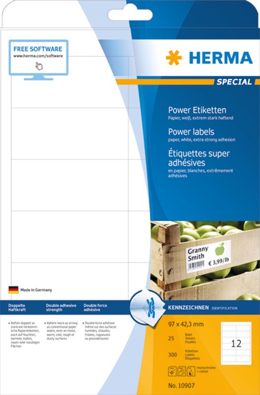 POWER etiketter, 25 ark, 96,5x42,3 mm (300 stk)