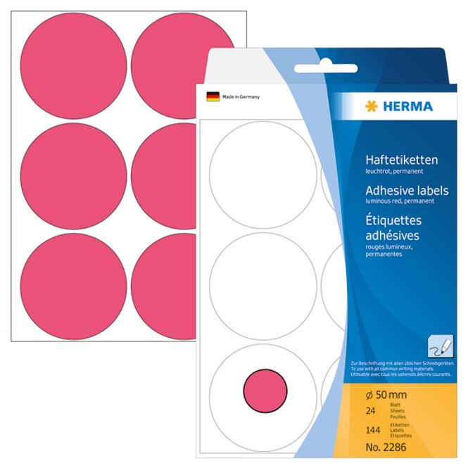Hovedbilde HERMA runde etiketter, Ø50 mm, lys rød (144 stk)