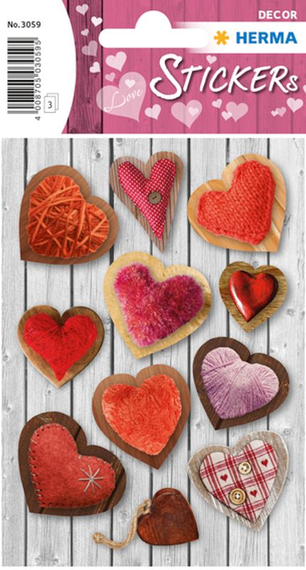 DECOR Stickers Stoffhjerter, 3 ark (10 pakk)