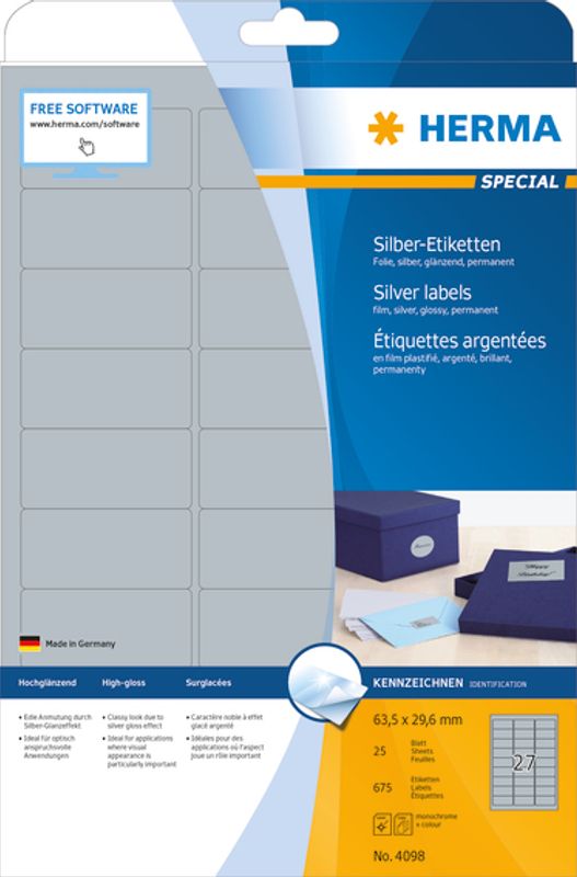 SPECIAL sølv etiketter glossy, 25 ark, 63,5x29,6 mm (675 stk)