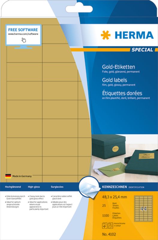 SPECIAL gull etiketter glossy, 25 ark, 48,3x25,4 mm (1100 stk)