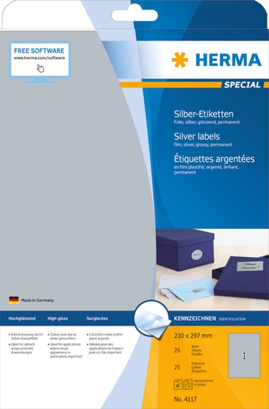SPECIAL sølv etiketter glossy, A4, 25 ark, 210x297 mm (25 stk)