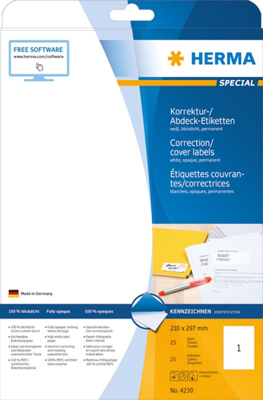 SPECIAL etiketter opak, A4, 25 ark 210x297 mm (25 stk)