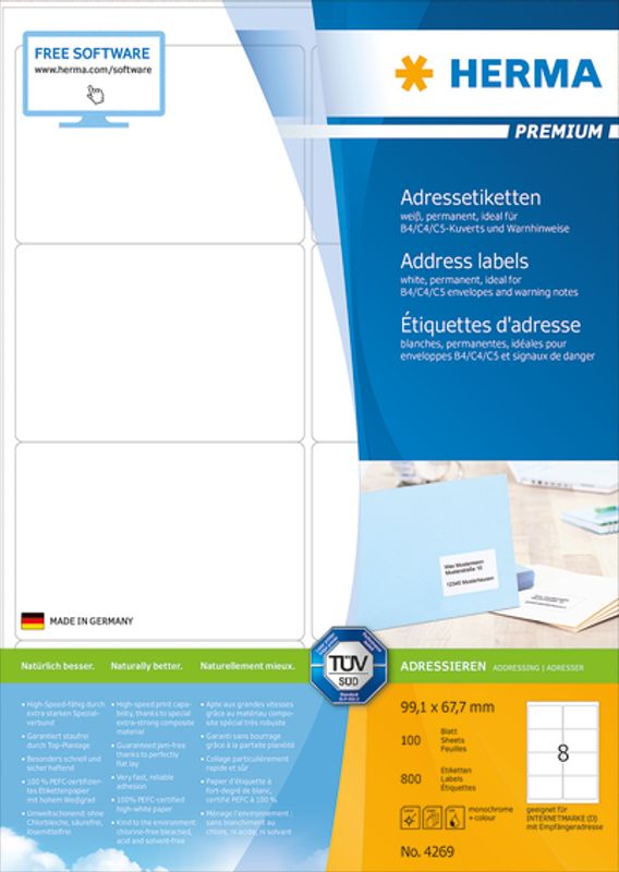 PREMIUM adresseetiketter, 100 ark 99.1x67.7 (800 stk)