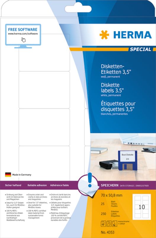 SPECIAL etiketter til PC-disk 3.5 25 ark 70x50.8 250 stk