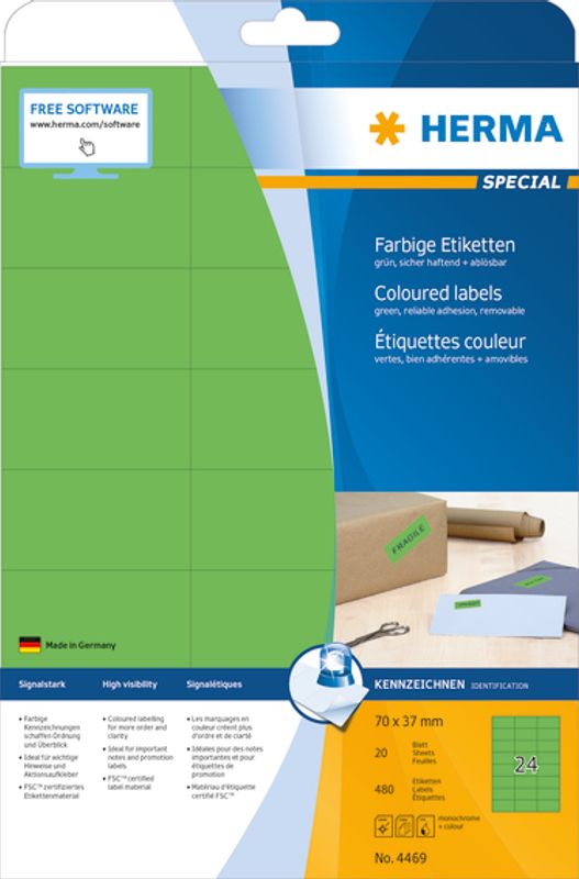 SPECIAL fargede etiketter 20 ark, 70x37 grønn (480 stk)