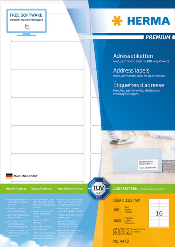 PREMIUM adresseetiketter, 100 ark 88.9x33.8 (1600)