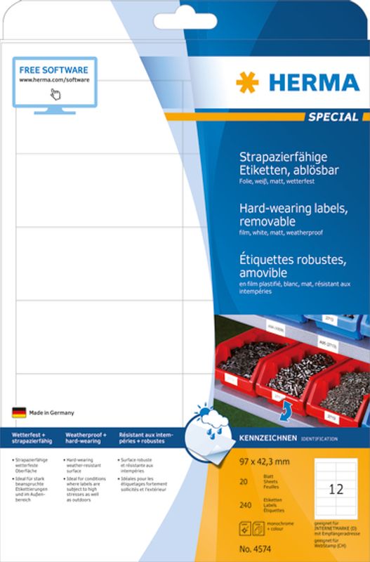 SPECIAL slitesterke etiketter, avtagbar, 20ark 97x42,3 (240 stk)