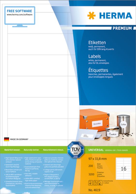 PREMIUM universaletiketter, 200ark 96.5x33.8 (3200)