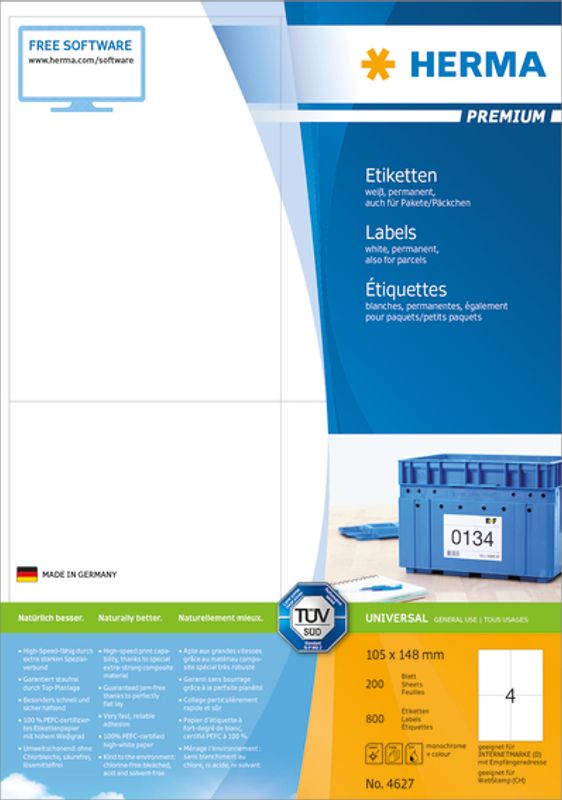 PREMIUM universaletiketter, papir, 200 ark 105x148 (800 stk)