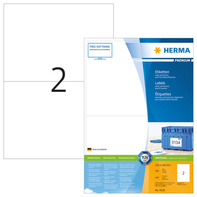 PREMIUM universaletiketter, papir, 200 ark 210x148 (400 stk)
