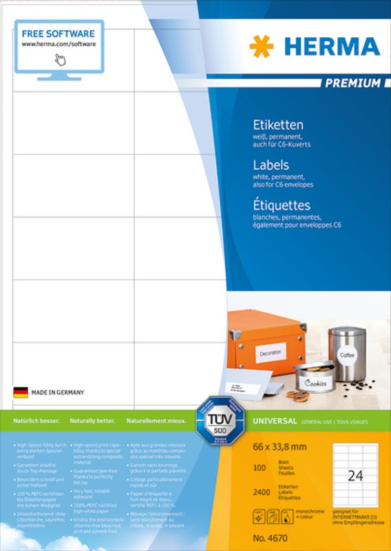 PREMIUM universaletiketter, papir, 100 ark 66x33.8 (2400 stk)