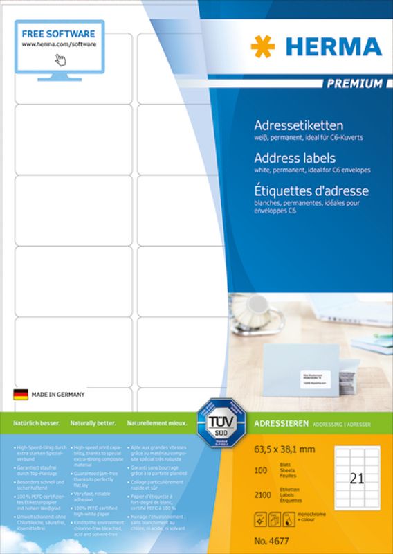 PREMIUM adresseetiketter, 100 ark 63.5x38.1 (2100 stk)