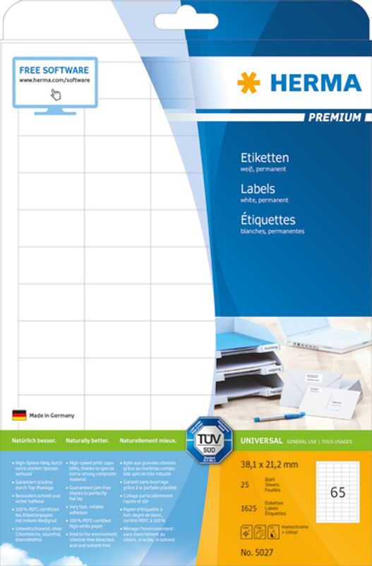 PREMIUM universaletiketter, papir, 25 ark 38.1x21.2 (1625 stk)