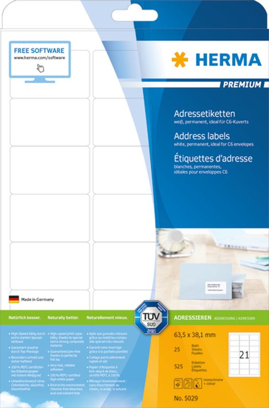 PREMIUM adresseetiketter, 25 ark 63.5x38.1 (525 stk)