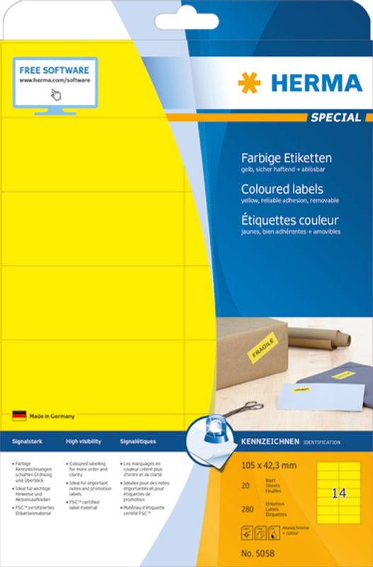 SPECIAL fargede etiketter, 20 ark, 105x42.3 gul (280 stk)