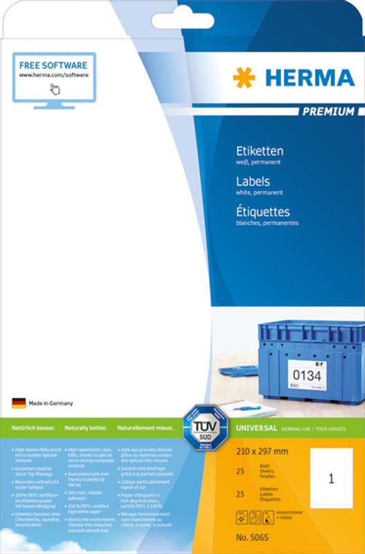 PREMIUM universaletiketter, A4, 25 ark, 210x297 mm (25 stk)