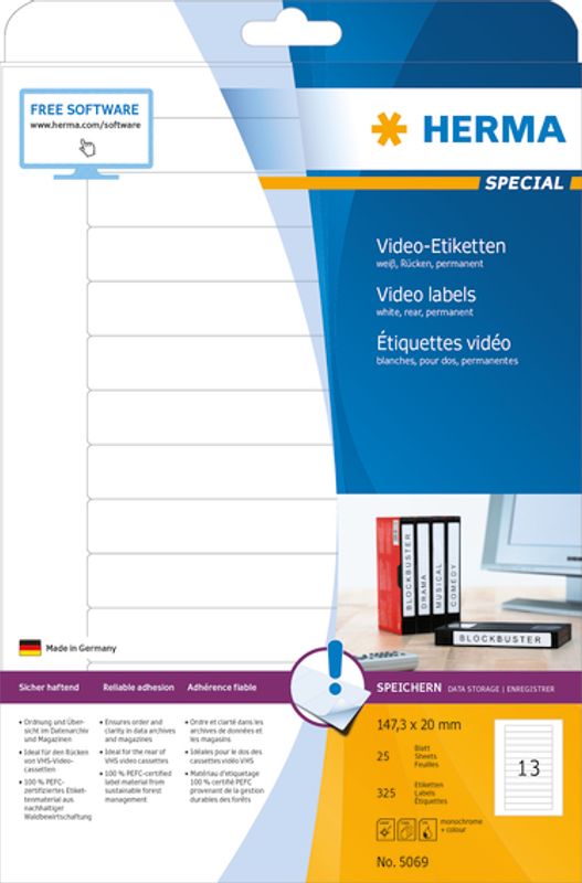 SPECIAL etiketter, videokasett, 25 ark 147.3x20 (325 stk)