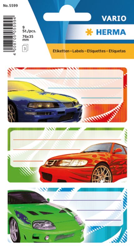 VARIO boketiketter Racerbiler 3 ark pr. pakning (10 pakk)