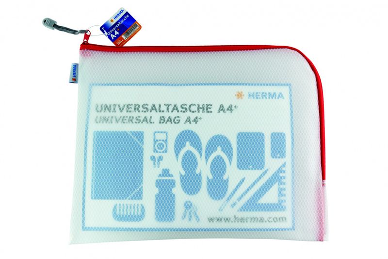 A4+ Veske/lomme i plast med rød glidelås 36x28cm