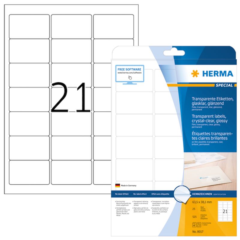 SPECIAL glassklare etiketter 25 ark 63.5x38.1 (525 stk)