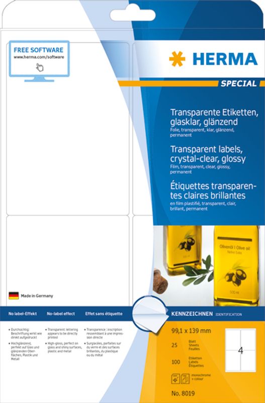 SPECIAL glassklare etiketter 25 ark 99.1x139 (100 stk)