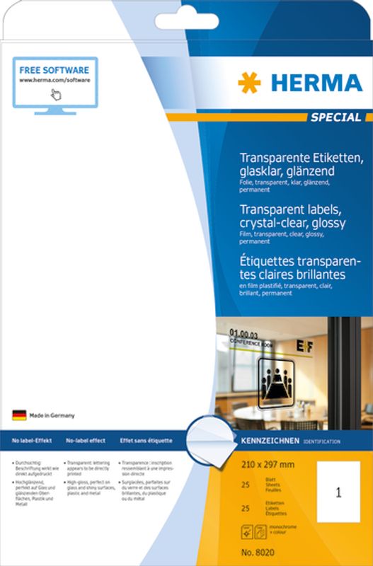 SPECIAL glassklare etiketter 25 ark 210x297 (25 stk)