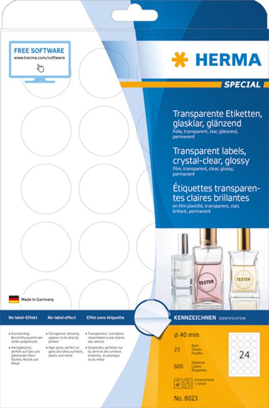 SPECIAL glassklare etiketter 25 ark Ø40 (600 stk)