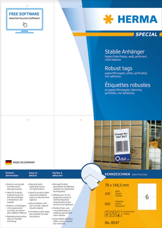 SPECIAL hvite merkelapper til skriver, 70x148,5 100 ark (600 stk