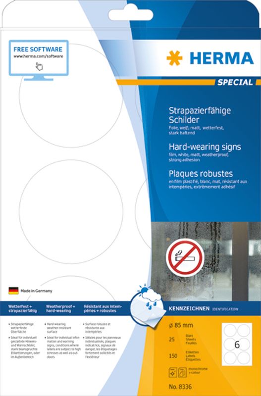 SPECIAL slitesterke etiketter 25 ark, Ø 85 (150 stk)
