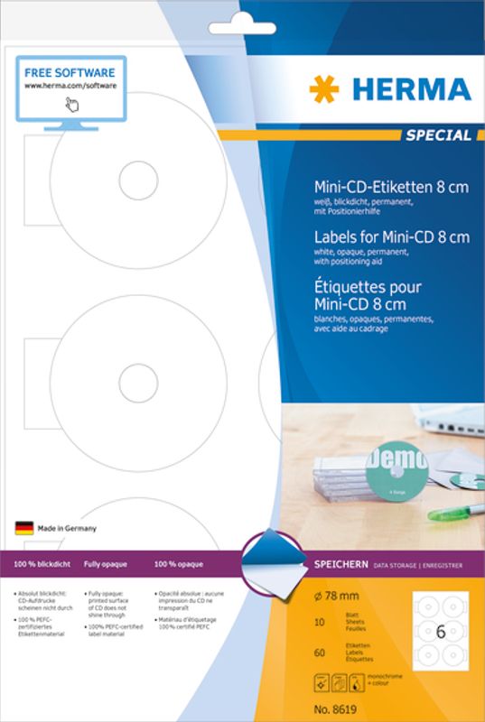 SPECIAL CD-label mini, 10 ark, Ø78 mm, hvit (60 stk)