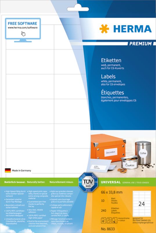 PREMIUM universaletiketter, papir, 10 ark 66x33.8 (240 stk)