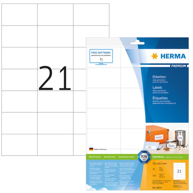 Hovedbilde PREMIUM universaletiketter, papir, 10 ark 70x42.3 ...