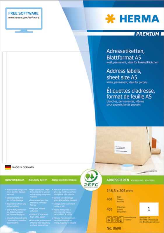 PREMIUM etiketter, A5, peel-off, 400 ark 148.5x205 (400 stk)